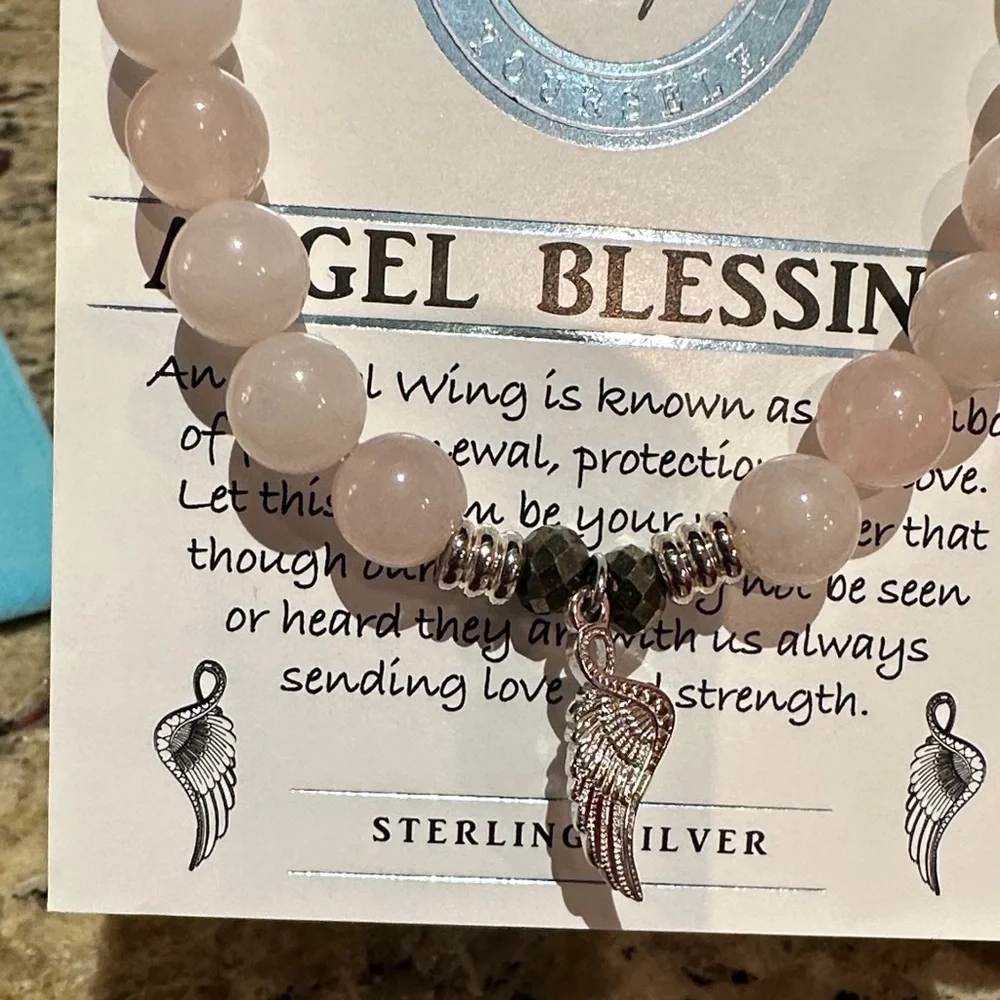 T. Jazelle Rose Quartz 8mm Stone Bracelet with Silver Angel Blessings Charm